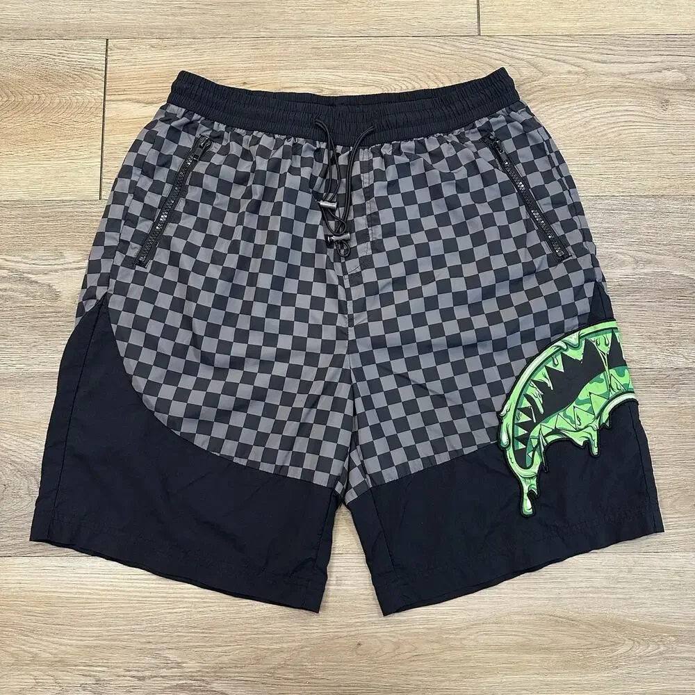 Sprayground Swim Trunks Gray Black Checkered Shark Mouth Graphic Men’s Large